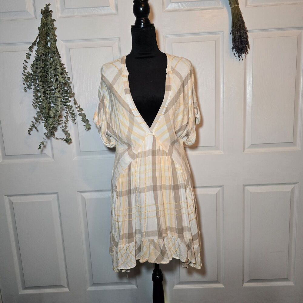 Free People Agnes Plaid Mini V Neck Printed Short Sleeve Ruffle Boho Dress S